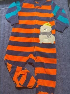 Striped Orange & Navy Baby One-Piece with Seal Appliqué Fleece Sleeper Pajama